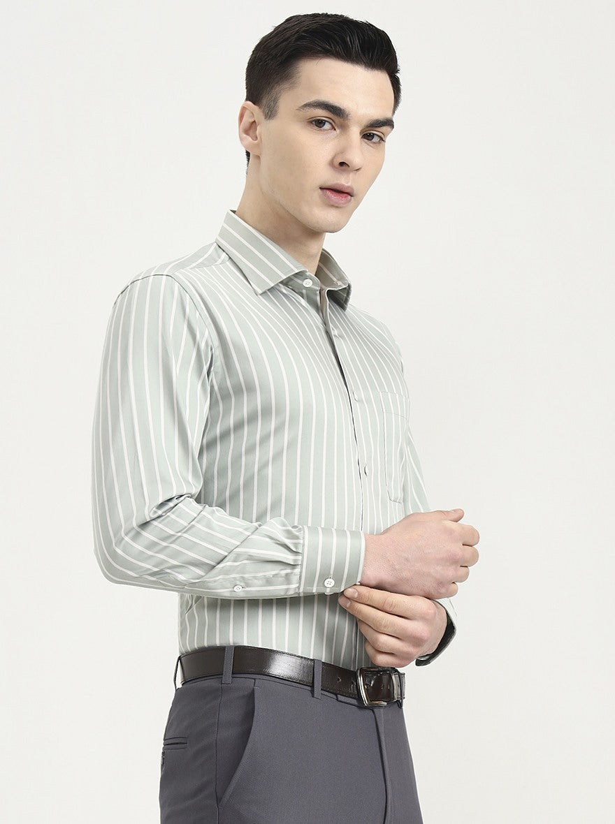 Green Striped Slim Fit Formal Shirt | JadeBlue Super Luxe
