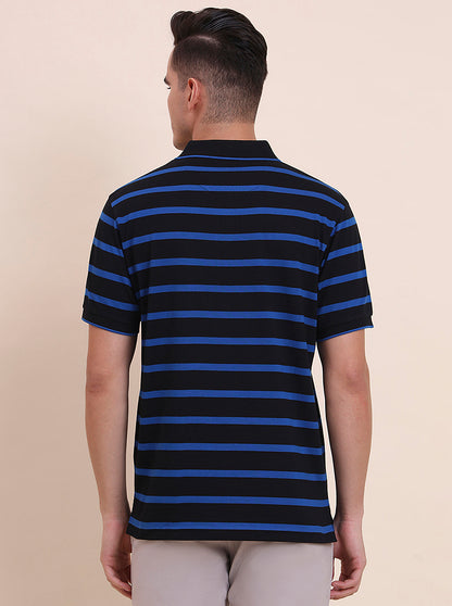 Black & Royal Blue Striped Regular Fit Polo T-Shirt | Greenfibre