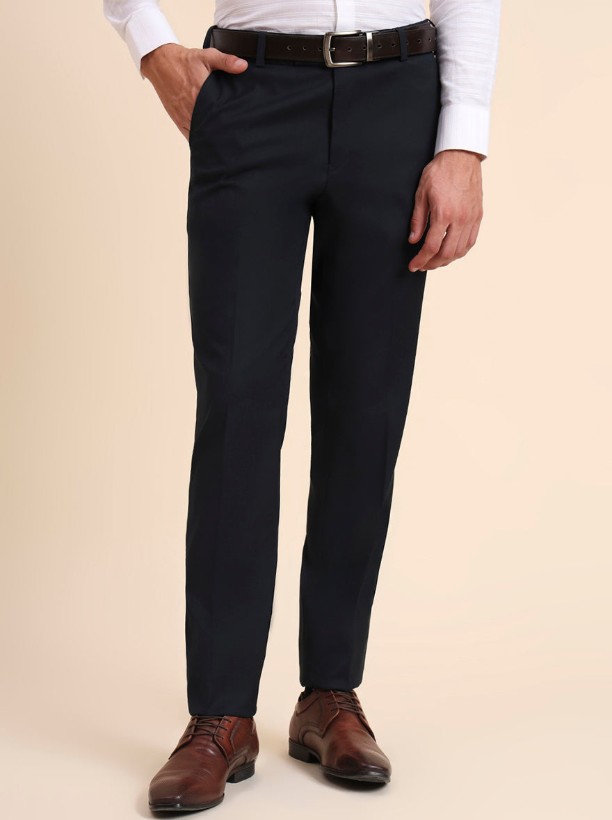 Petrol Blue Solid Slim Fit Formal Trouser | Metal