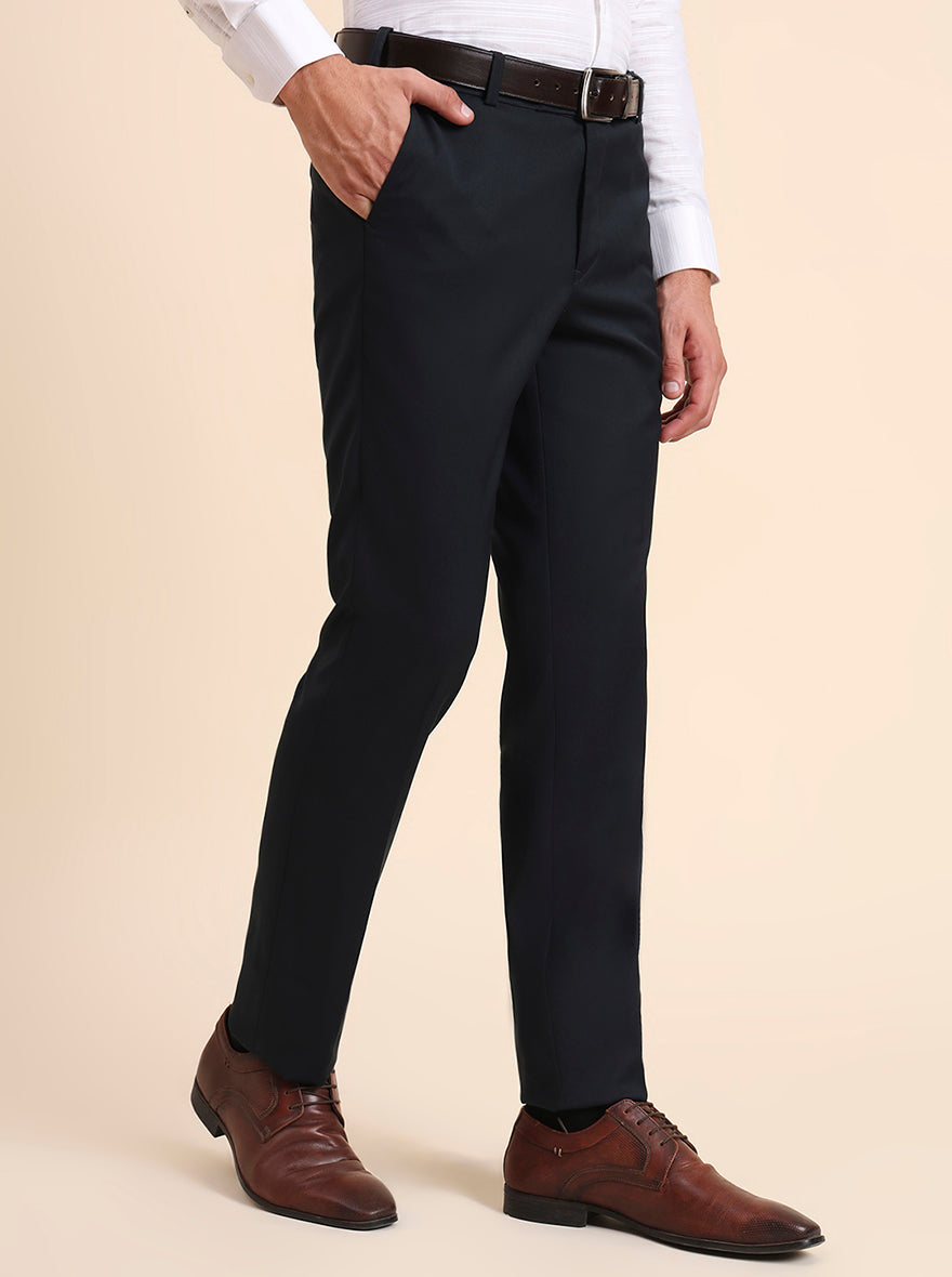 Petrol Blue Solid Slim Fit Formal Trouser | Metal