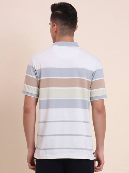 White & Light Grey Striped Regular Fit Polo T-Shirt | Greenfibre