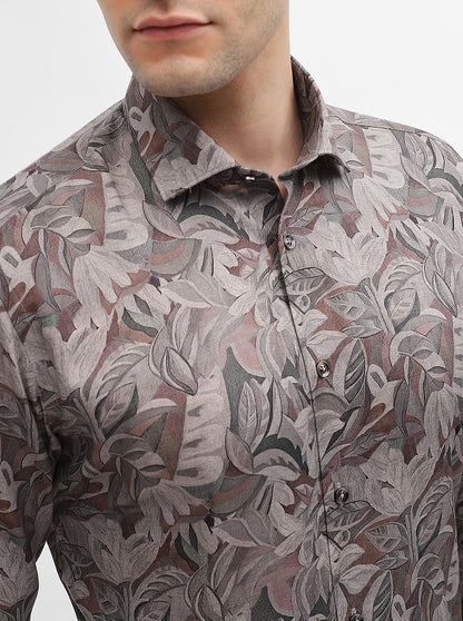 Green & Brown Printed Slim Fit Party Wear Shirt | Greenfibre