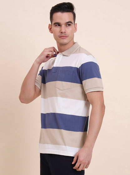 White & Beige Striped Regular Fit Polo T-Shirt | Greenfibre