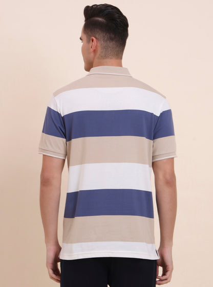 White & Beige Striped Regular Fit Polo T-Shirt | Greenfibre