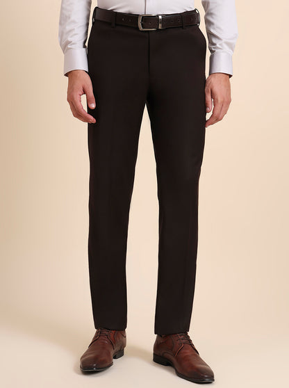 Coffee Brown Solid Slim Fit Formal Trouser | Metal