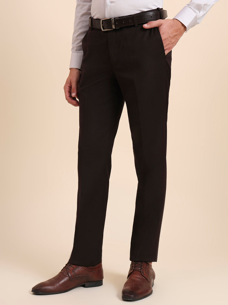 Coffee Brown Solid Slim Fit Formal Trouser | Metal