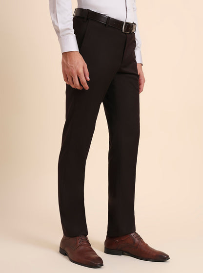 Coffee Brown Solid Slim Fit Formal Trouser | Metal