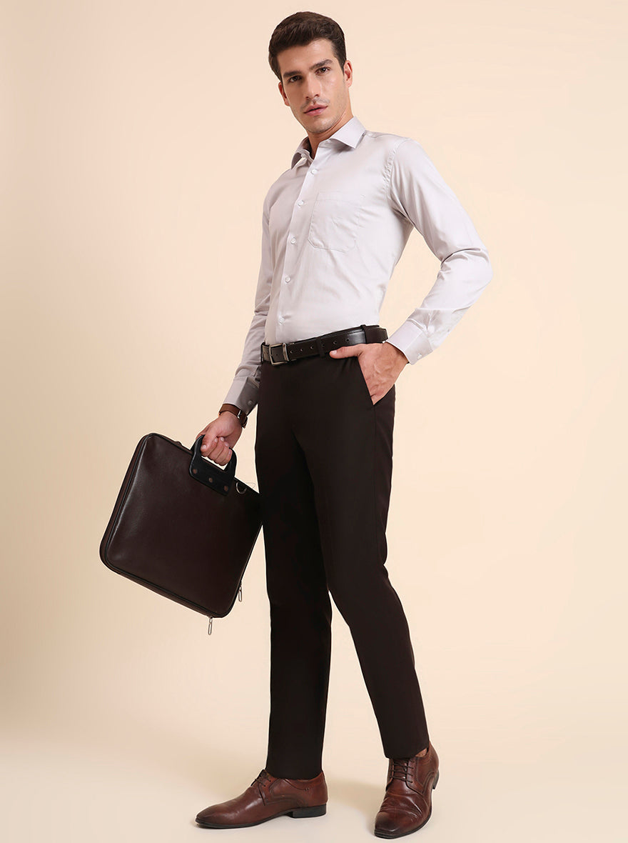 Coffee Brown Solid Slim Fit Formal Trouser | Metal