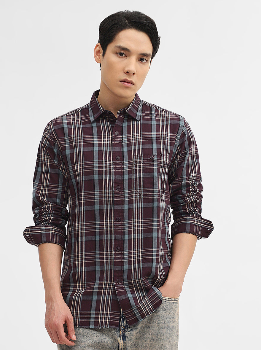 Maroon Checked Slim Fit Casual Shirt | Greenfibre