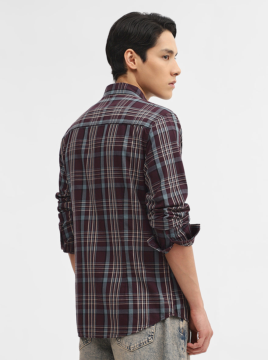 Maroon Checked Slim Fit Casual Shirt | Greenfibre
