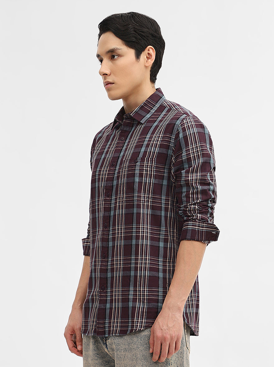 Maroon Checked Slim Fit Casual Shirt | Greenfibre