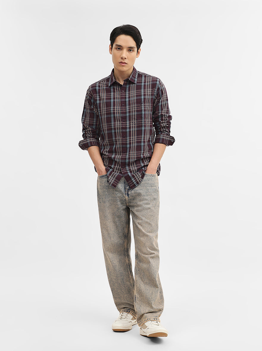 Maroon Checked Slim Fit Casual Shirt | Greenfibre