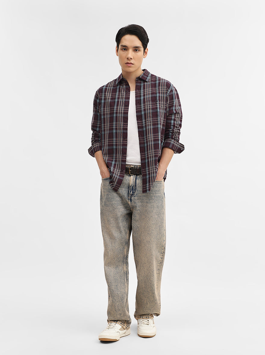 Maroon Checked Slim Fit Casual Shirt | Greenfibre