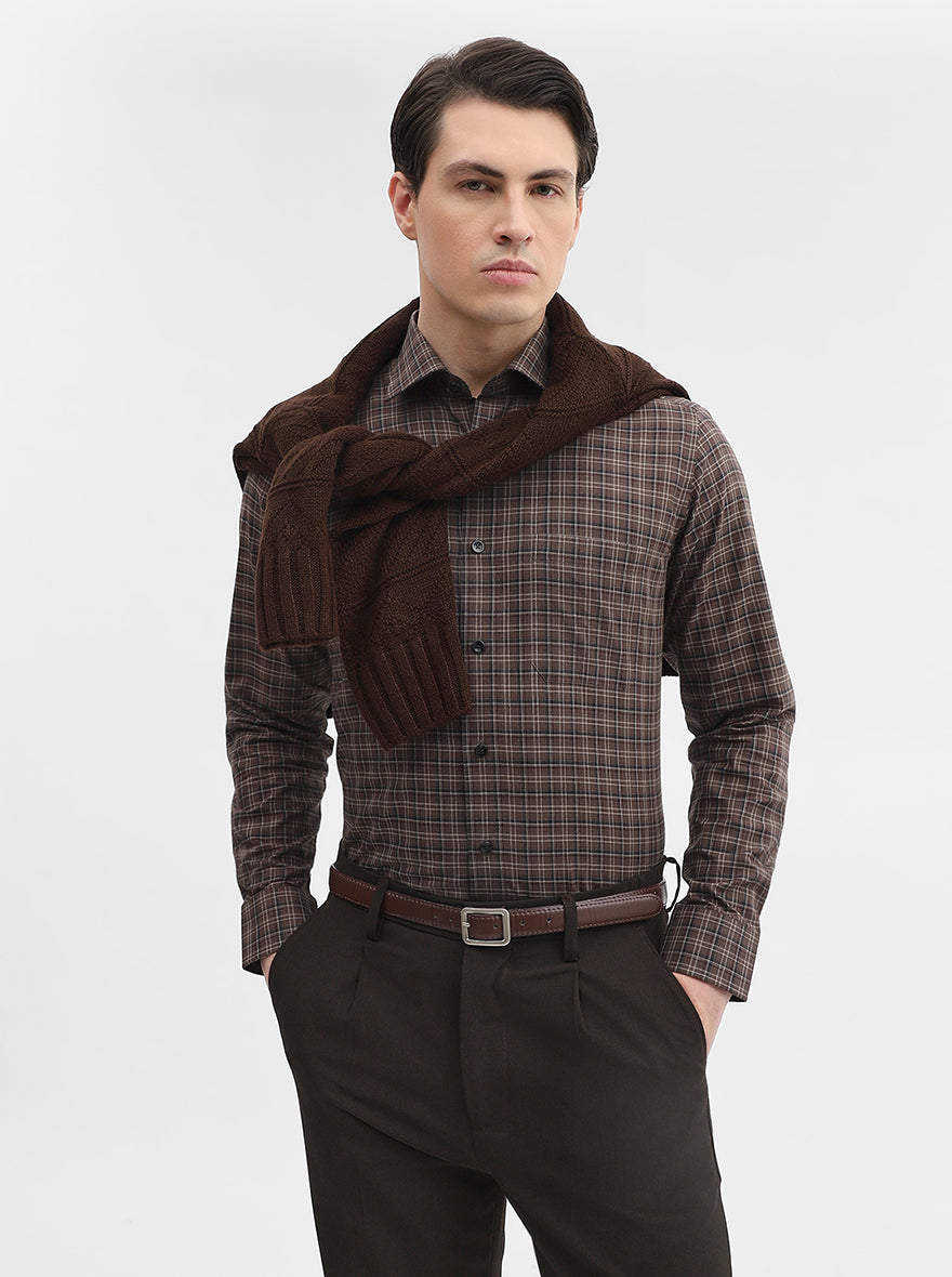 Khakhi Checked Slim Fit Formal Shirt | Metal