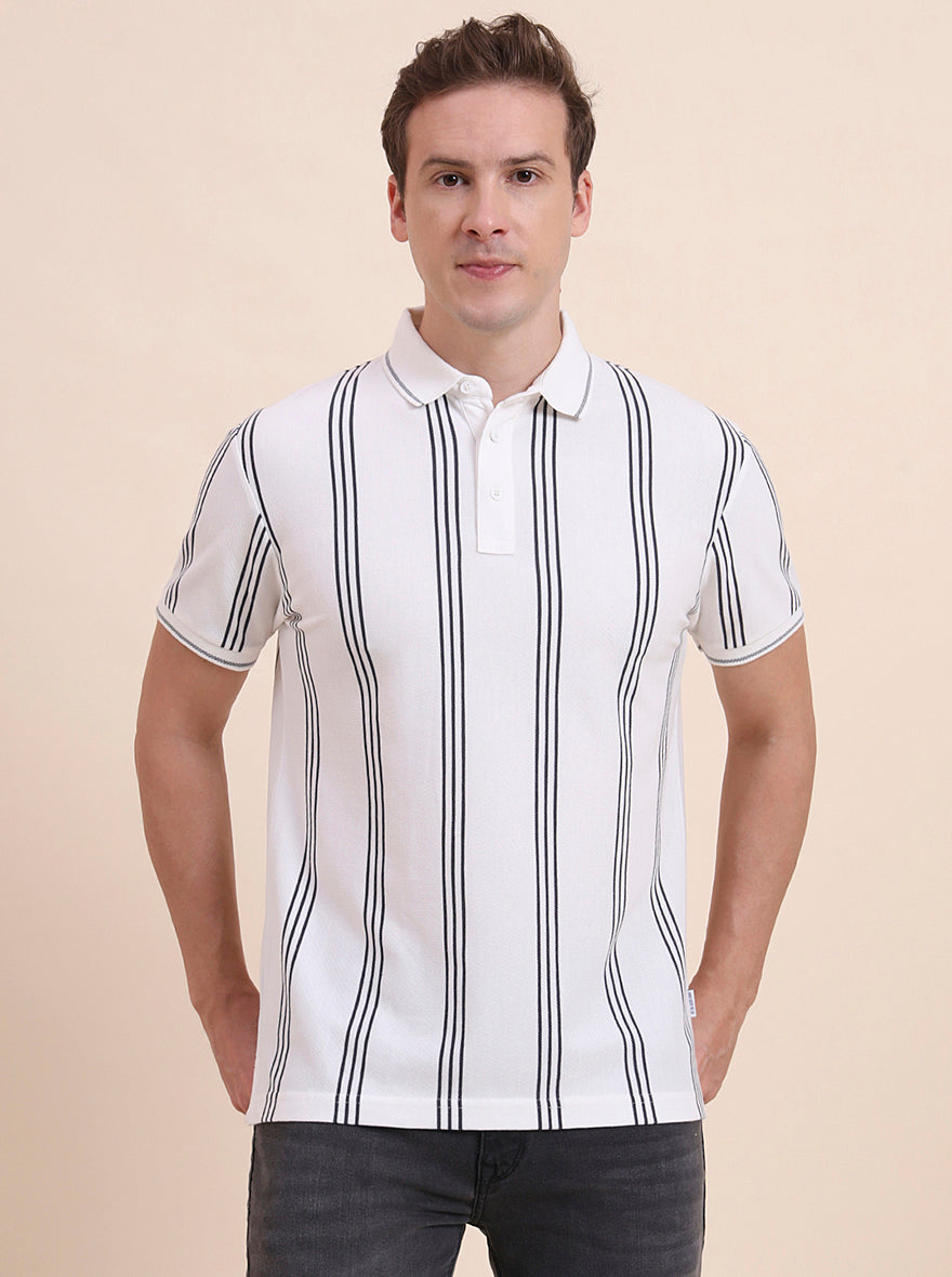 White & Grey Striped Slim Fit Polo T-Shirt | JadeBlue