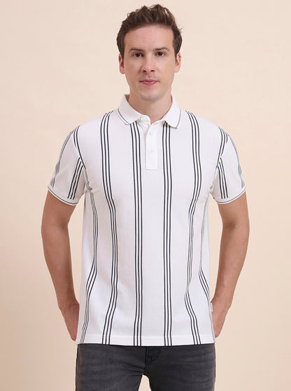 White & Grey Striped Slim Fit Polo T-Shirt | JadeBlue