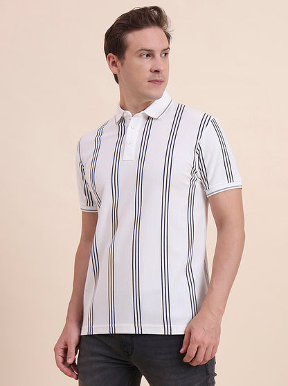 White & Grey Striped Slim Fit Polo T-Shirt | JadeBlue