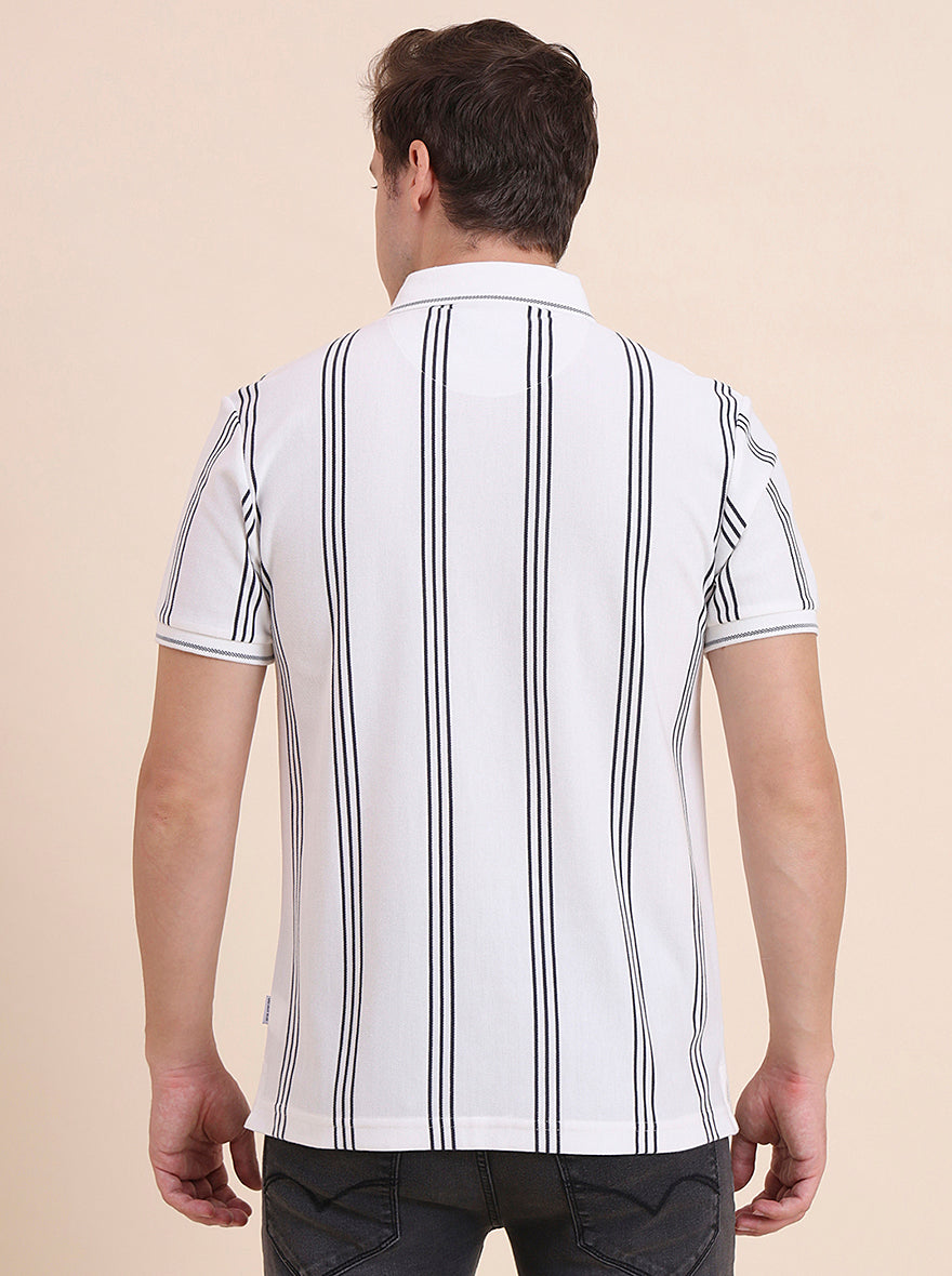White & Grey Striped Slim Fit Polo T-Shirt | JadeBlue