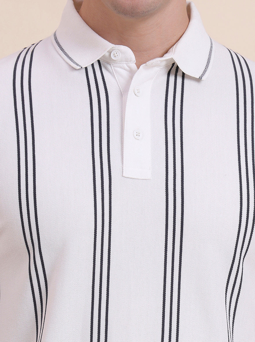 White & Grey Striped Slim Fit Polo T-Shirt | JadeBlue