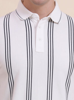 White & Grey Striped Slim Fit Polo T-Shirt | JadeBlue