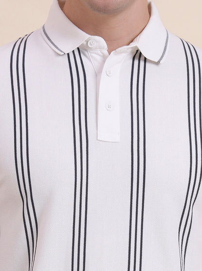 White & Grey Striped Slim Fit Polo T-Shirt | JadeBlue