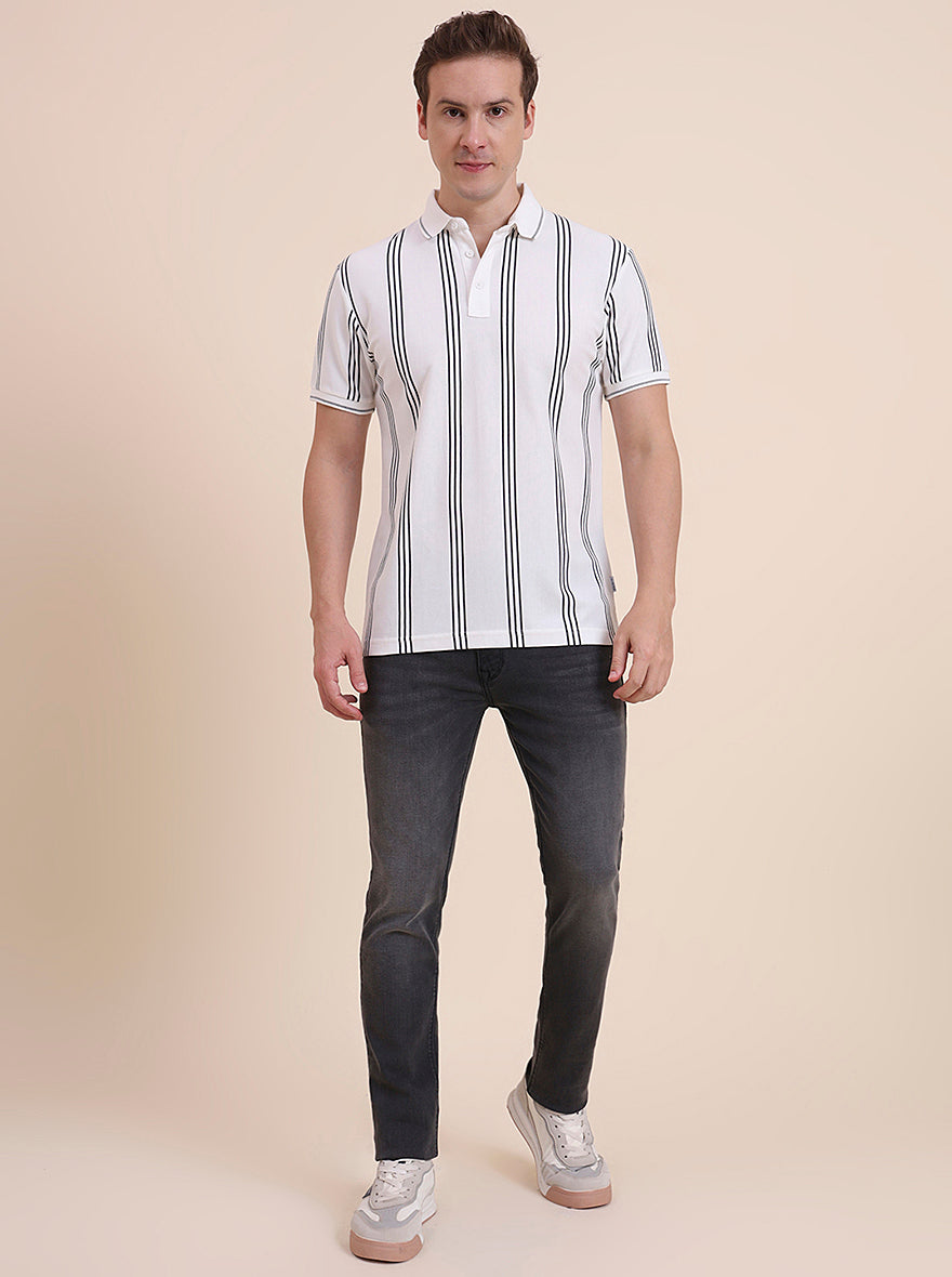 White & Grey Striped Slim Fit Polo T-Shirt | JadeBlue