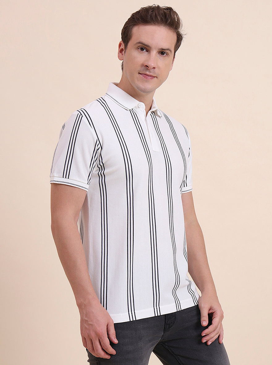 White & Grey Striped Slim Fit Polo T-Shirt | JadeBlue