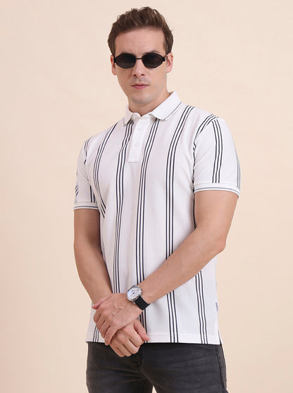 White & Grey Striped Slim Fit Polo T-Shirt | JadeBlue