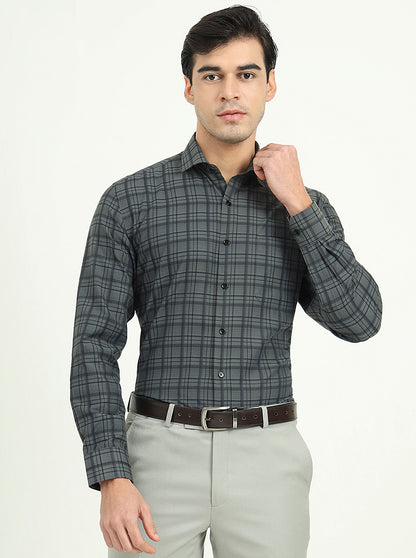 Teal Green & Black Checked Slim Fit Formal Shirt | Greenfibre