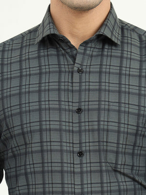 Teal Green & Black Checked Slim Fit Formal Shirt | Greenfibre