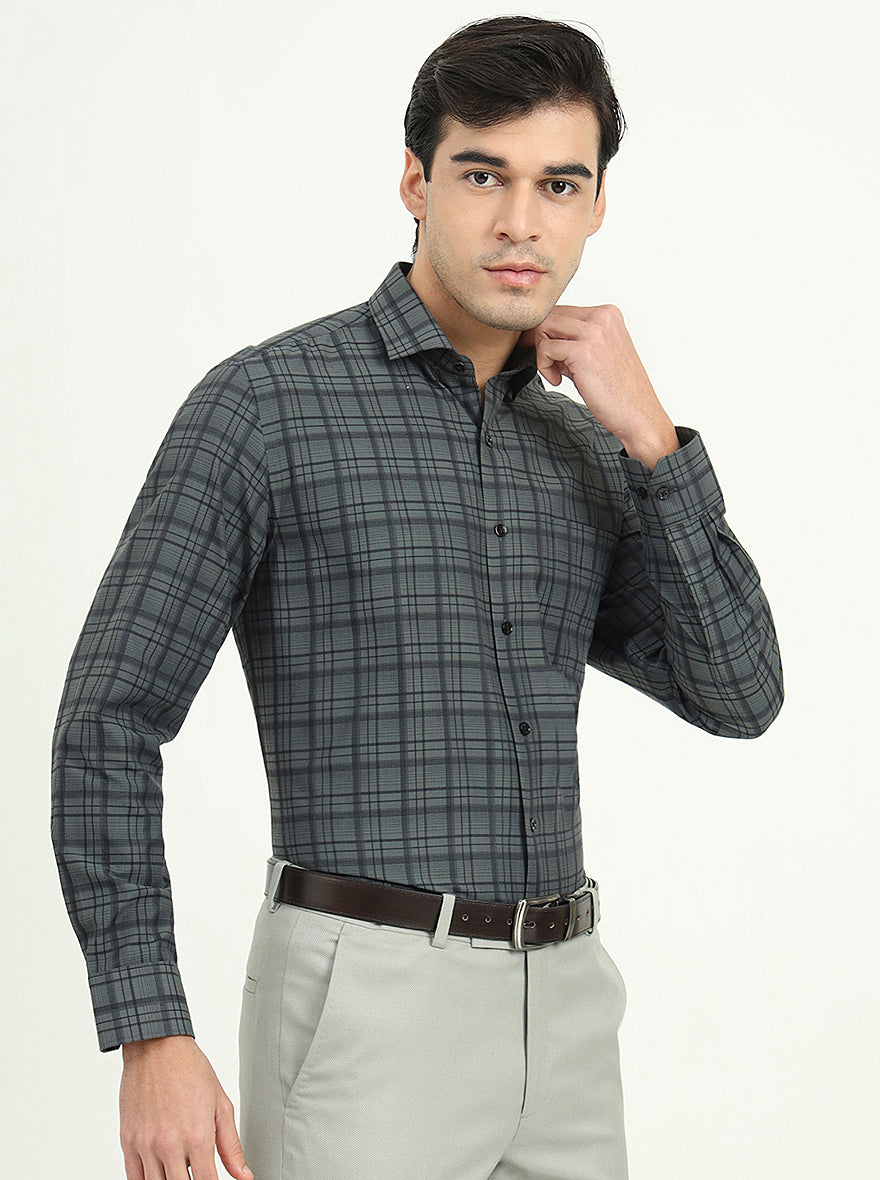Teal Green & Black Checked Slim Fit Formal Shirt | Greenfibre