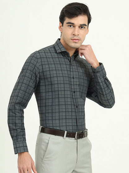 Teal Green & Black Checked Slim Fit Formal Shirt | Greenfibre