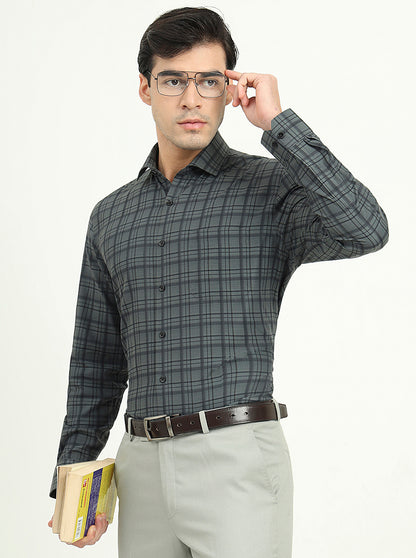 Teal Green & Black Checked Slim Fit Formal Shirt | Greenfibre