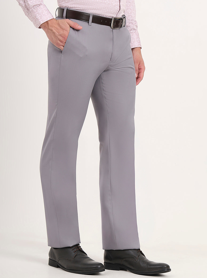 Light Grey Solid Slim Fit Formal Trouser | Metal