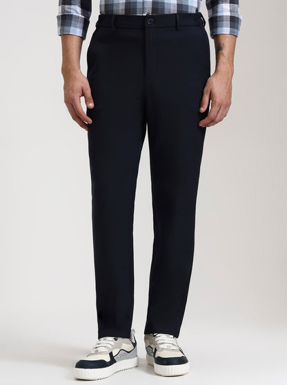 Navy Blue Solid Slim Fit Casual Trouser | JadeBlue