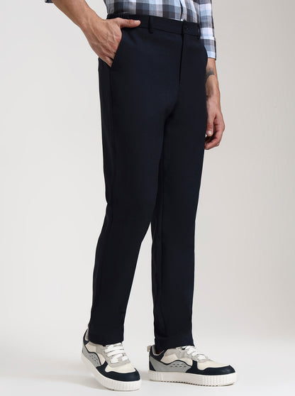 Navy Blue Solid Slim Fit Casual Trouser | JadeBlue