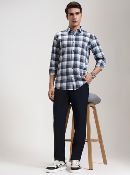 Navy Blue Solid Slim Fit Casual Trouser | JadeBlue