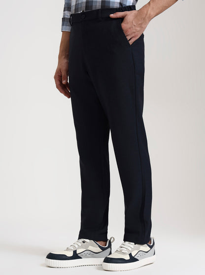 Navy Blue Solid Slim Fit Casual Trouser | JadeBlue