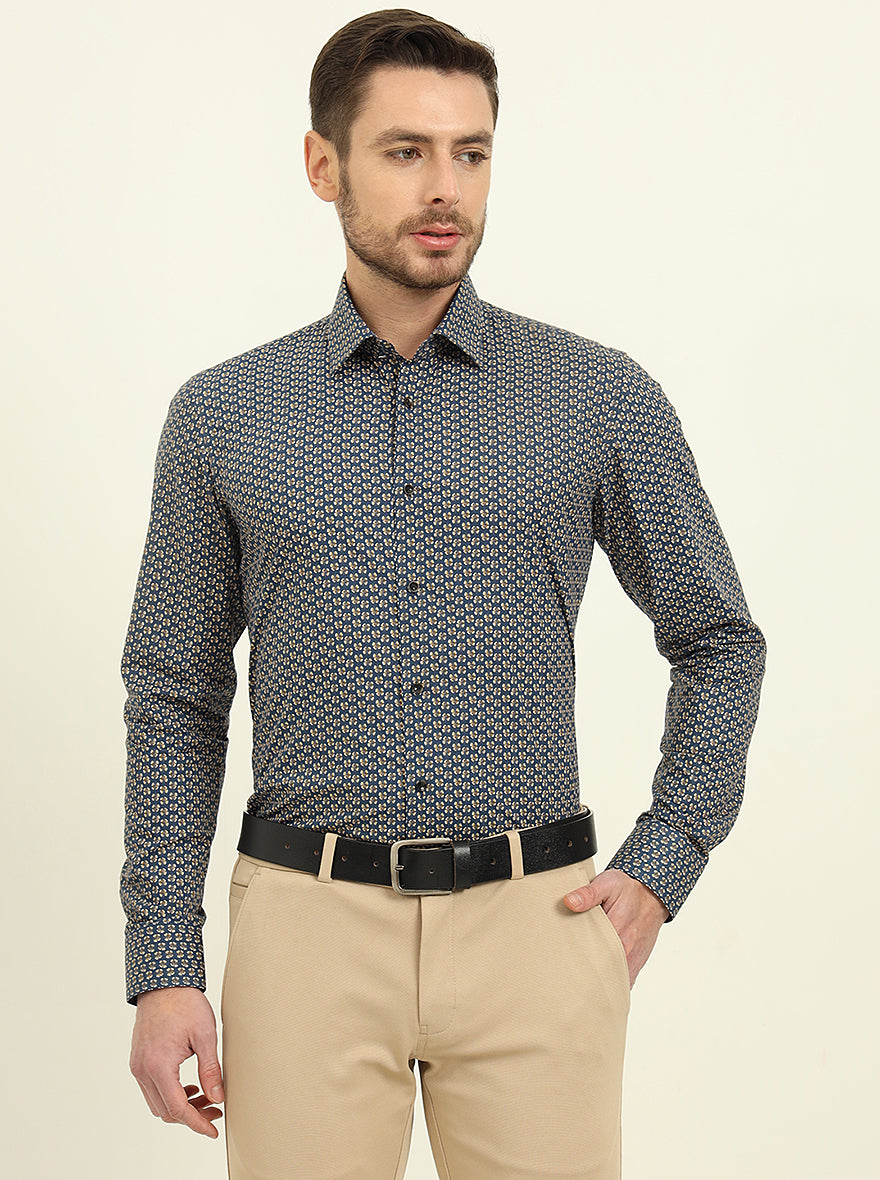 Blue Printed Slim Fit Party Wear Shirt | Wyre