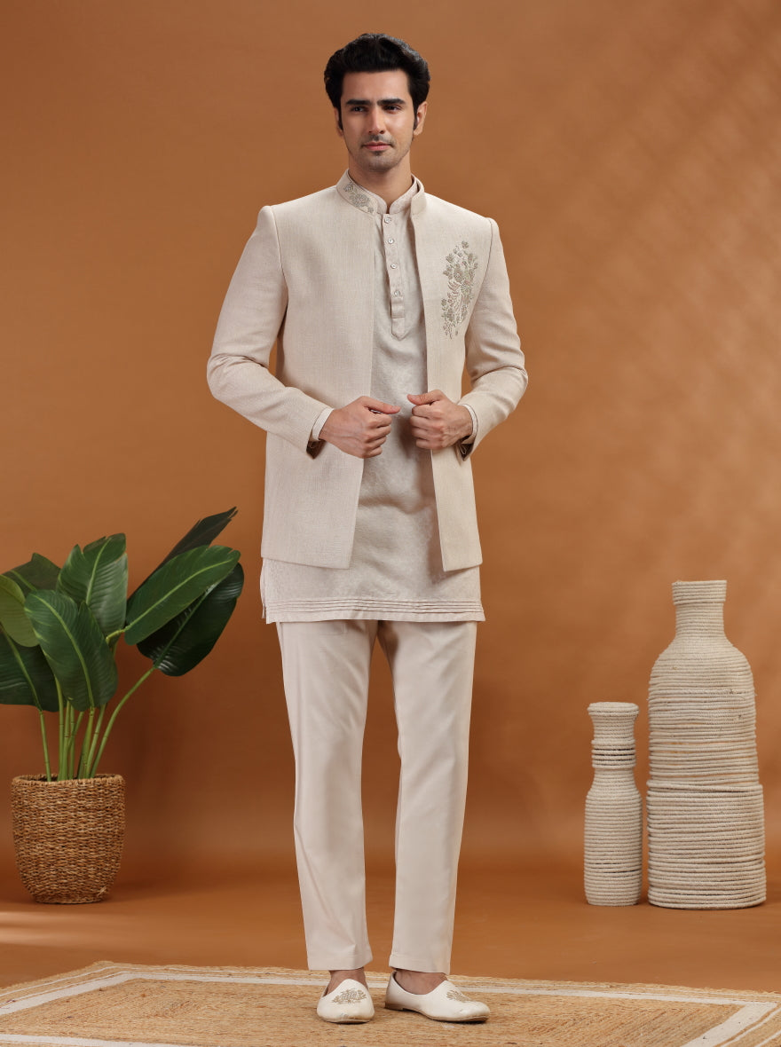 Natural Embroidered Jodhpuri Suit | TULA