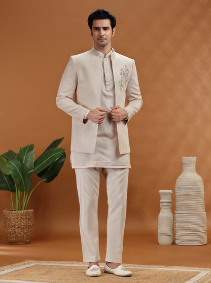 Natural Embroidered Jodhpuri Suit | TULA