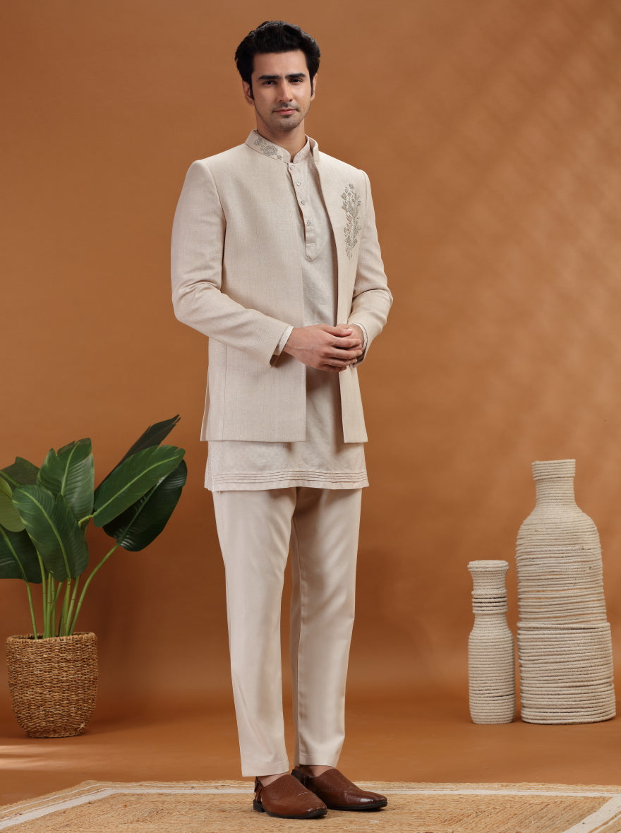 Natural Embroidered Jodhpuri Suit | TULA
