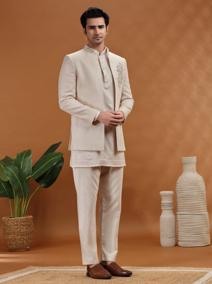 Natural Embroidered Jodhpuri Suit | TULA
