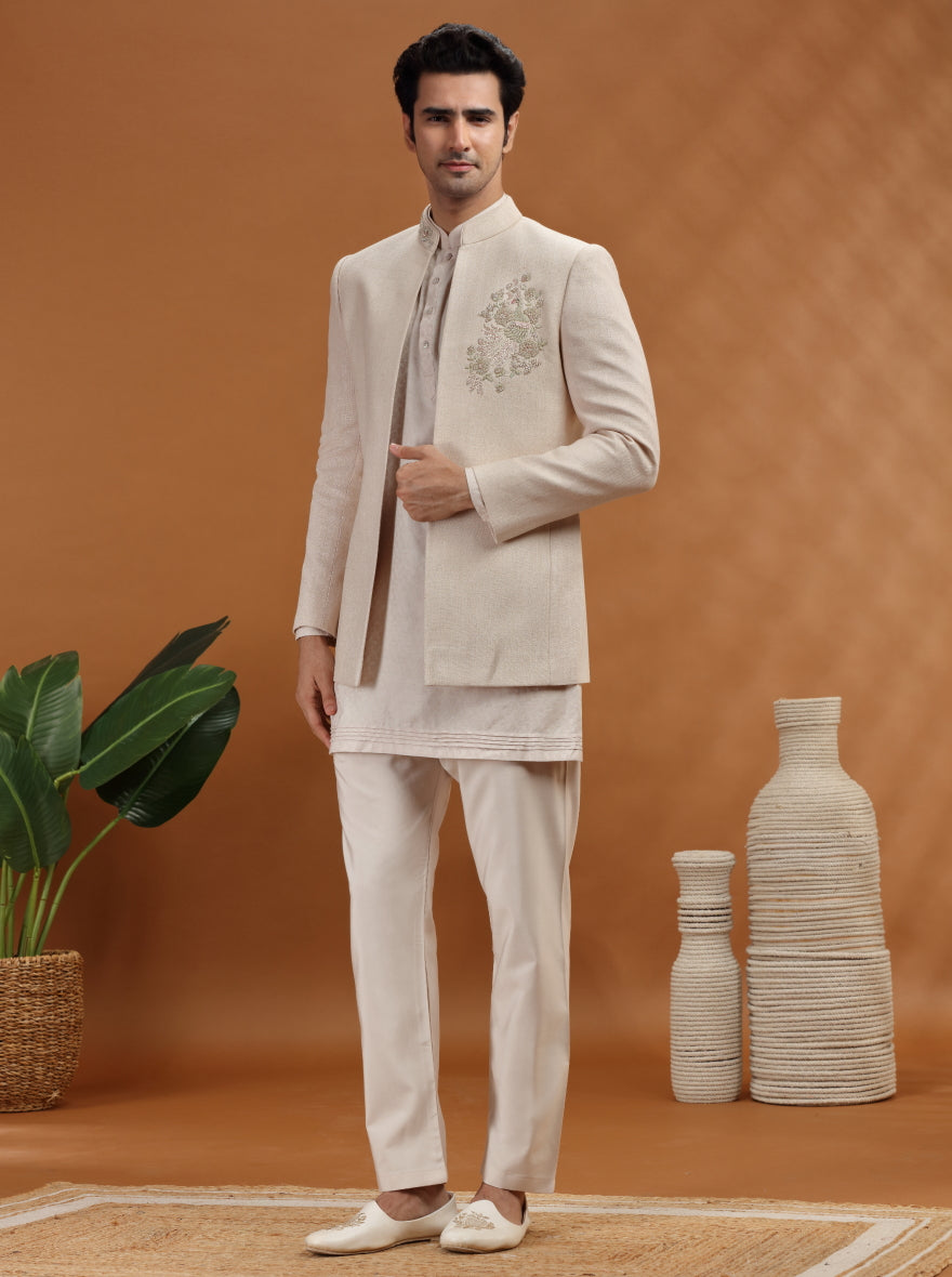 Natural Embroidered Jodhpuri Suit | TULA