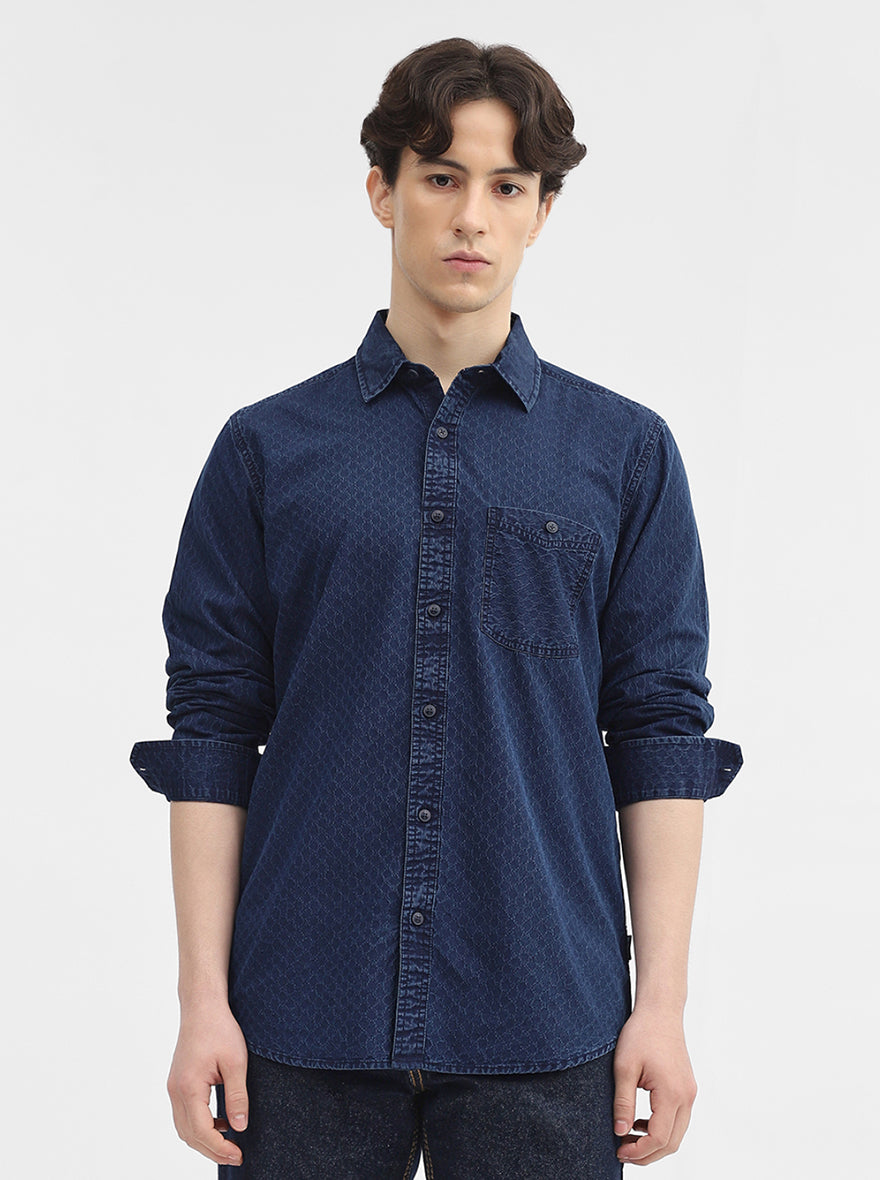 Navy Blue Printed Slim Fit Casual Shirt | JadeBlue