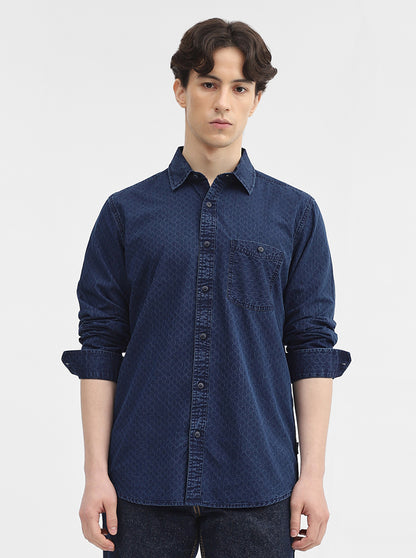 Navy Blue Printed Slim Fit Casual Shirt | JadeBlue