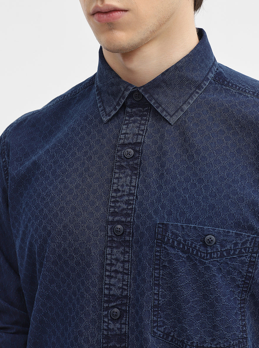 Navy Blue Printed Slim Fit Casual Shirt | JadeBlue