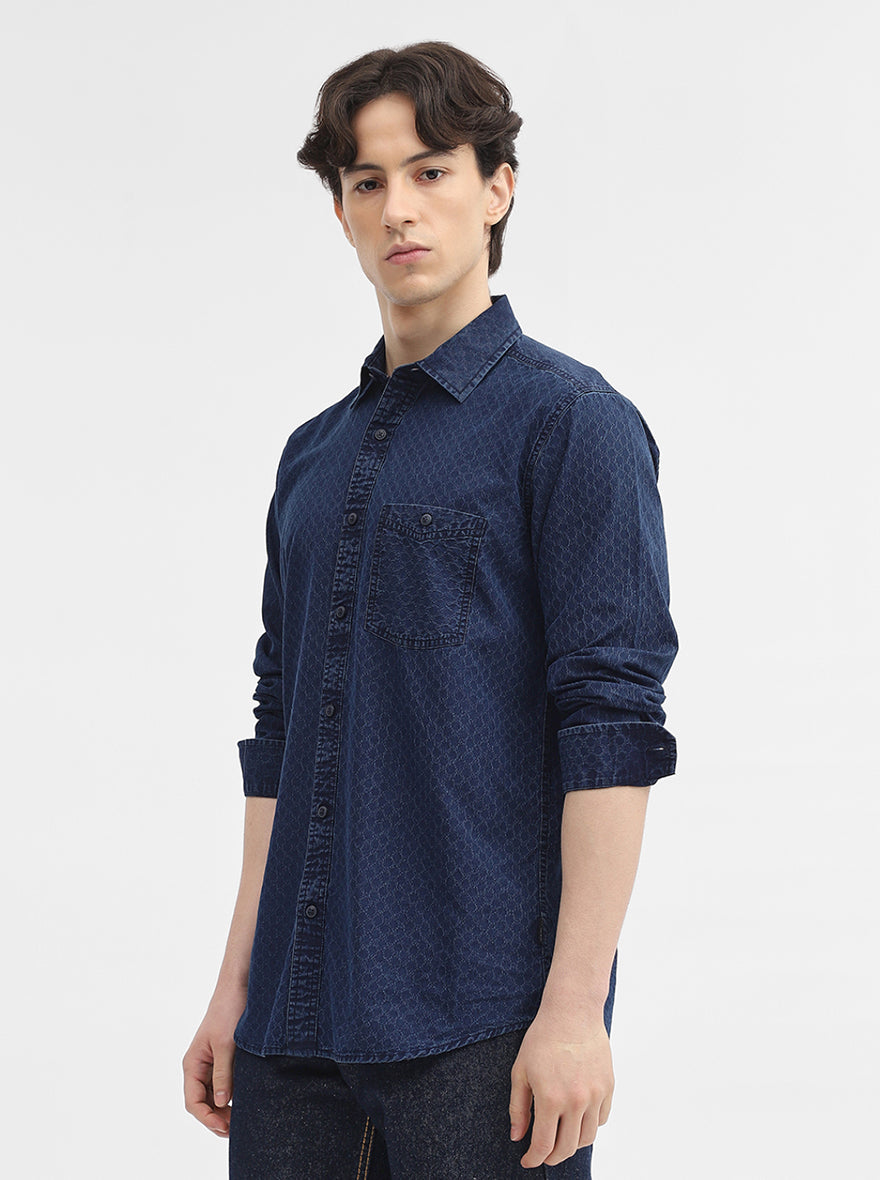 Navy Blue Printed Slim Fit Casual Shirt | JadeBlue