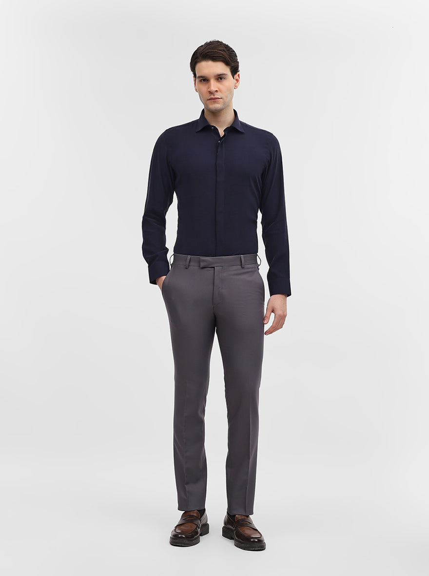 Dark Grey Solid Slim Fit Formal Trouser | Metal