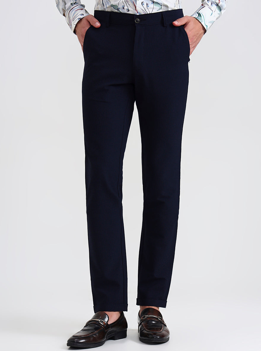 Navy Blue Checked Slim Fit Club Wear Trouser | Wyre